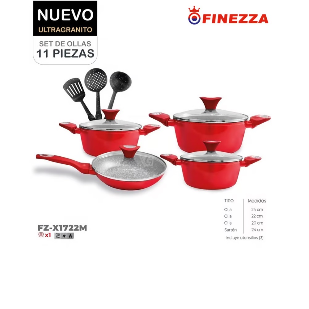 Juego de ollas Antiadherentes Ultragranito de 11 pzs. FZ-X1722M - Rojo