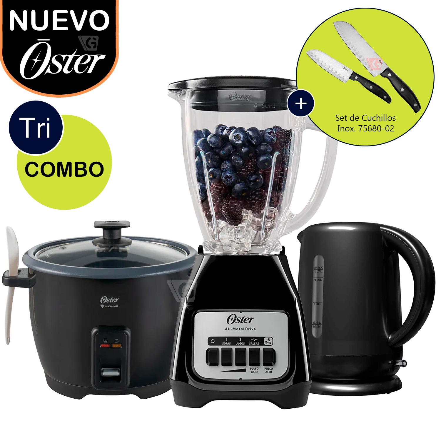 Tri-Combo Licuadora BLSTKAG-BPB  +  Olla CKSTRCB10DFBLK +  Hervidor BVSTKT3101 + Set de Cuchillos 75680-02