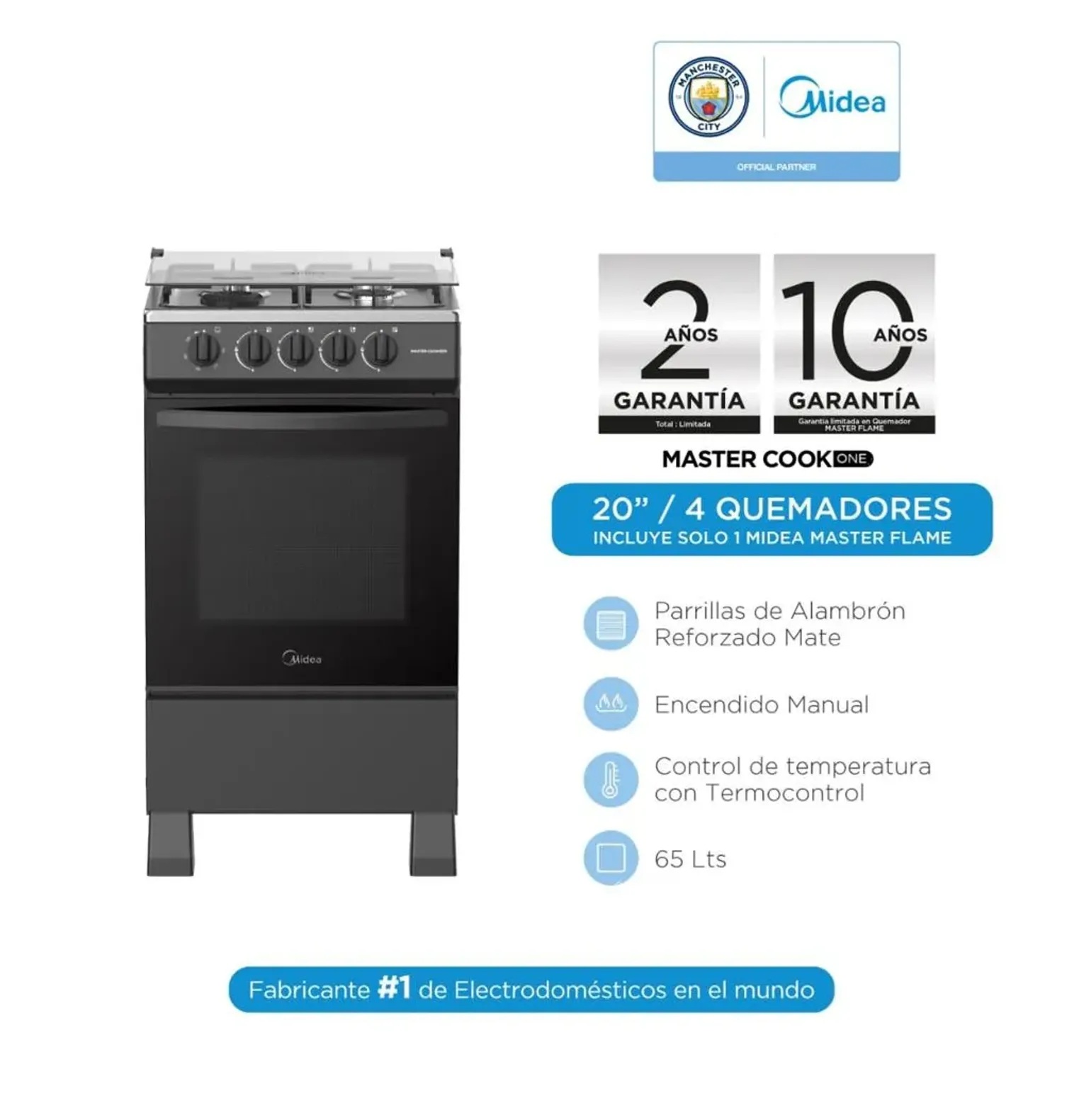 Cocina a gas Mastercook Plus 20'' 4 Quemadores Negra Midea MGS20FS2LFAMB-PE
