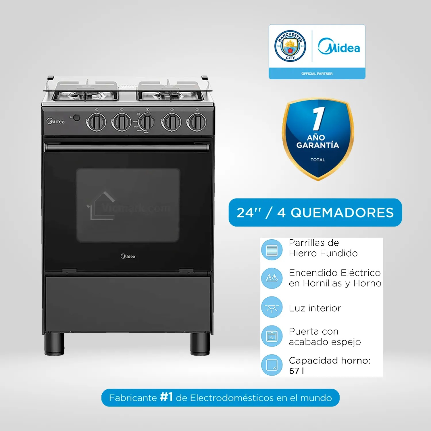 Cocina a Gas 24" Midea 4 Quemadores Negra MGS24FS2LFABBC