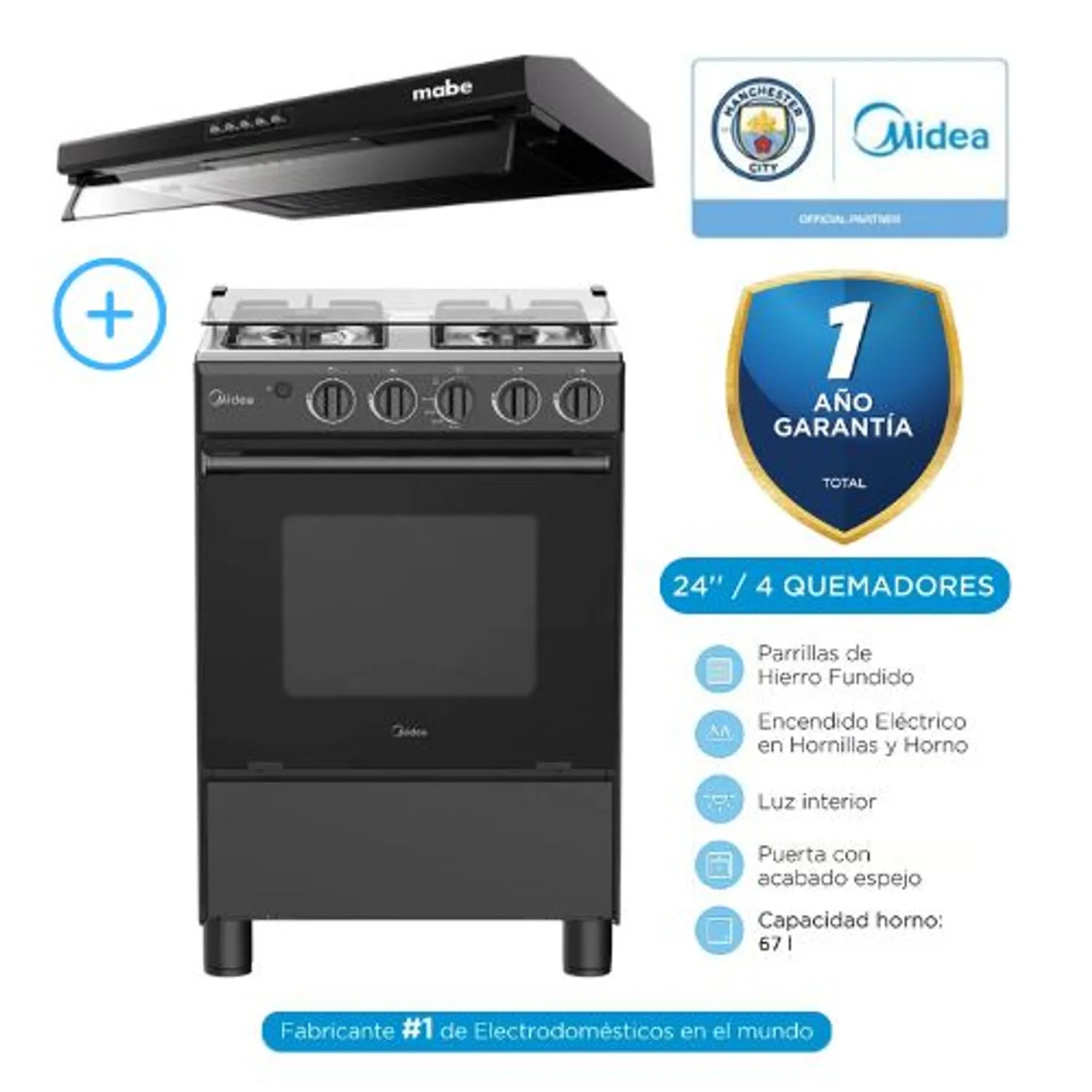 Combo Cocina a Gas 24 Midea MGS24FS2LFABBC Campana CMU6020PB0