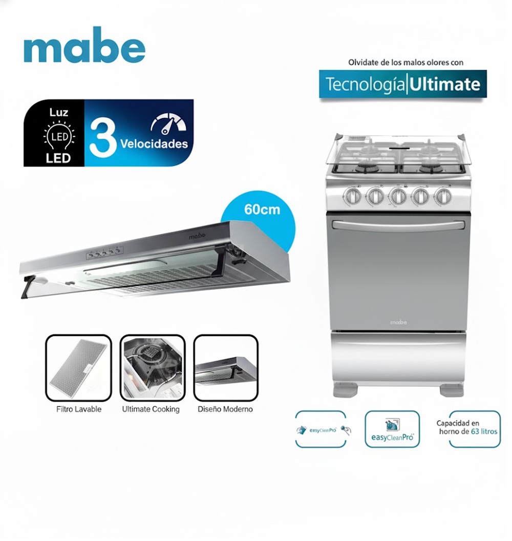 Cocina de Piso a Gas 52 cm Mabe TX5110P2 + Campana 60 cm CMU6020PI0