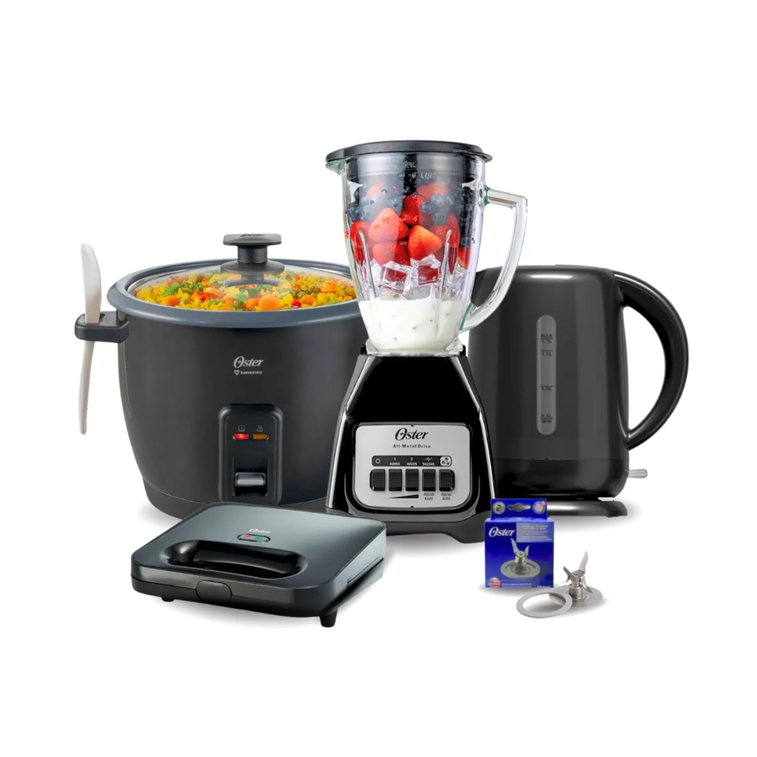 Combo Oster Licuadora BLSTKAG-BPB + Olla CKSTRCB10DFBLK + Hervidor  BVSTKT3101 + Sandwichera CKSTSM2885 +  Cuchilla BLSTAA4961