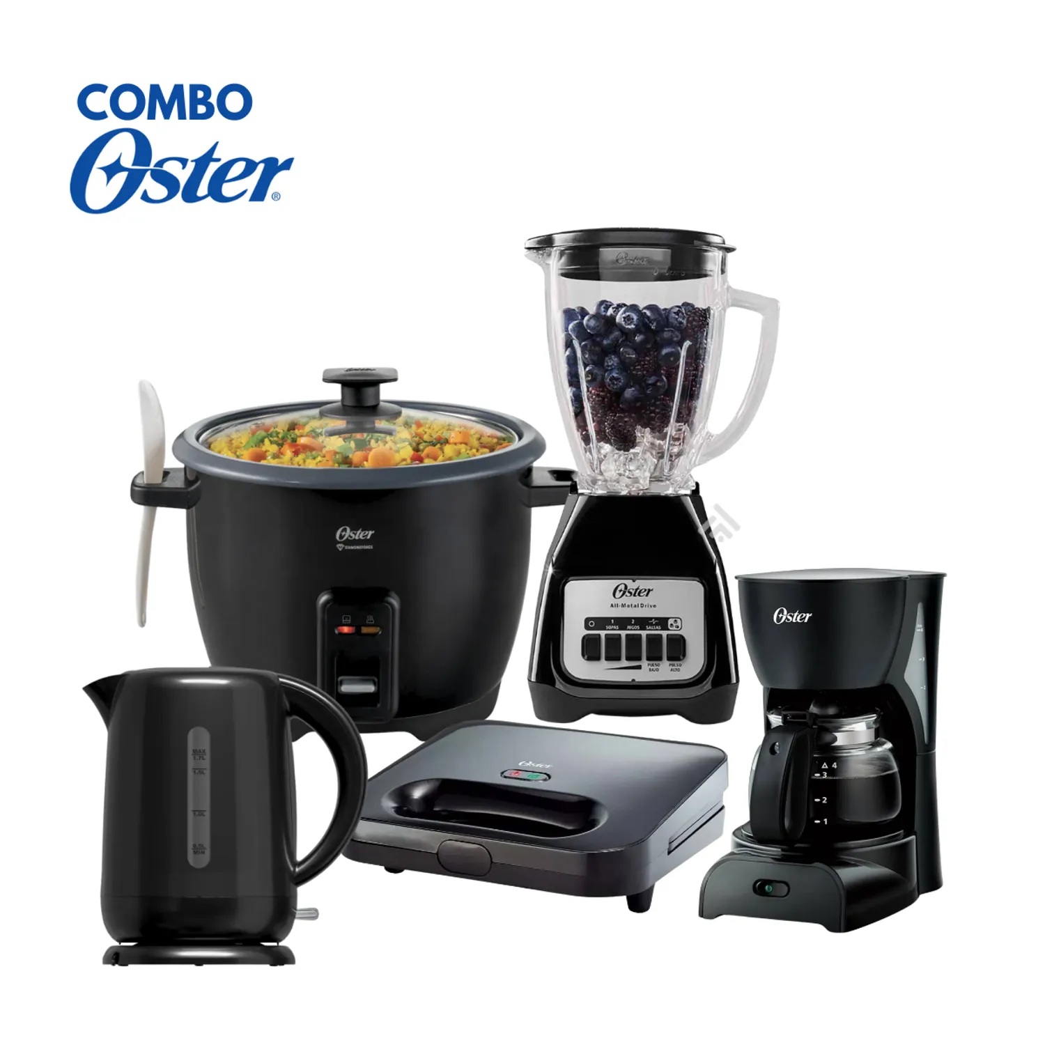 Combo Oster Licuadora BLSTKAG-BPB + Olla CKSTRCB10DFBLK + Hervidor BVSTKT3101 + Sandwichera CKSTSM2885 + Cafetera BVSTDCDR5B
