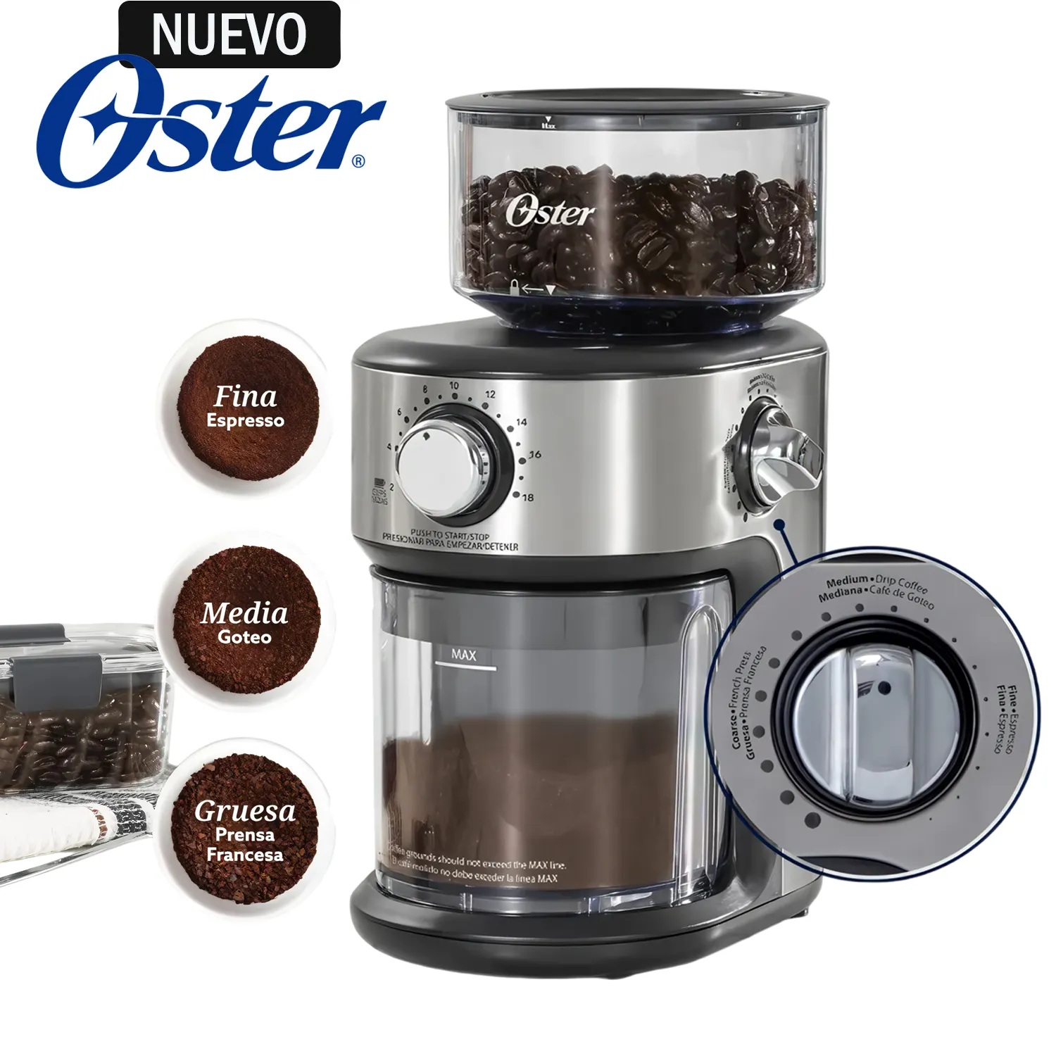 Oster Molinillo de Café, Automático, de Muelas, 18 Configuraciones de Molienda, BVSTBMH24
